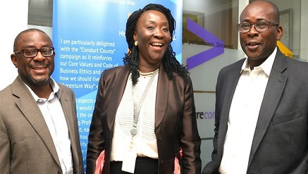 (L-r): Niyi Tayo, managing director, Technology, Accenture Nigeria; Toluleke Adenmosun, managing director, Financial Services, and Segun Olalandu, head, Marketing Communications, Accenture Nigeria, at the launch of Accenture Nigeria Technology Vision 2017, in Lagos, on Thursday.